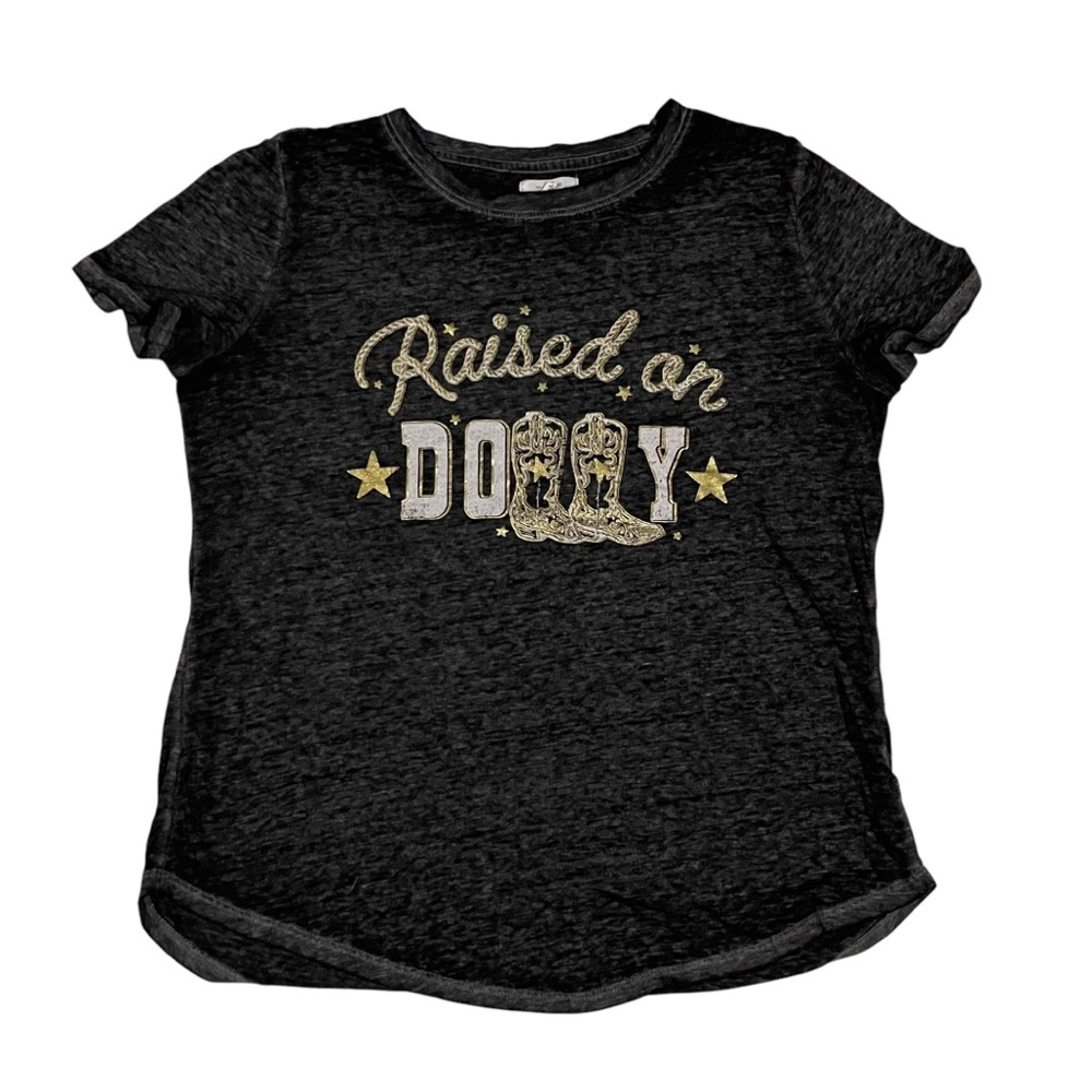 Raised on Dolly Dark Gray Black Burnout Shirt Gold Font Boots Size M